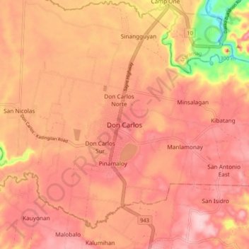 Mapa topográfico Don Carlos, altitud, relieve