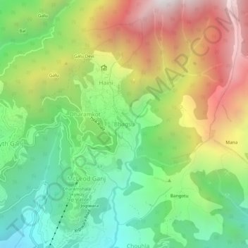 Mapa topográfico Bhagsu, altitud, relieve