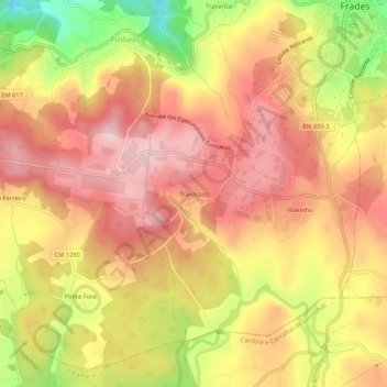 Mapa topográfico Travassos, altitud, relieve