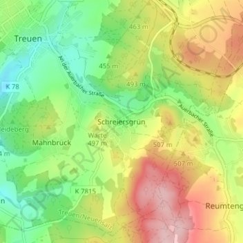 Mapa topográfico Schreiersgrün, altitud, relieve