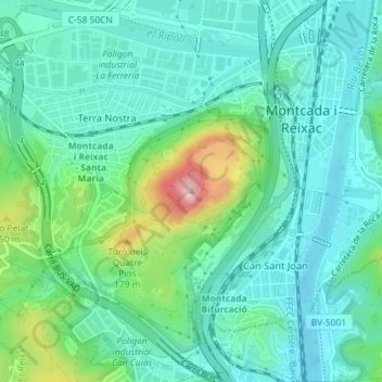 Mapa topográfico Turó de Montcada, altitud, relieve