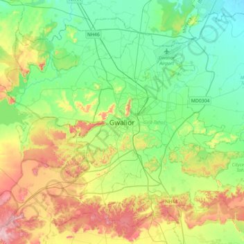 Mapa topográfico Gwalior, altitud, relieve