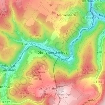 Mapa topográfico Obstfelderschmiede, altitud, relieve