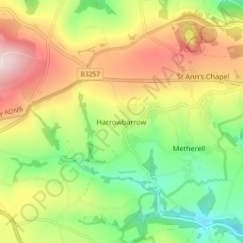 Mapa topográfico Harrowbarrow, altitud, relieve