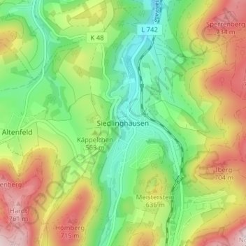 Mapa topográfico Siedlinghausen, altitud, relieve