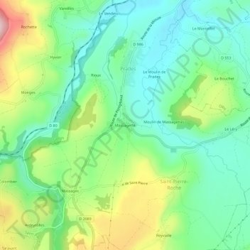Mapa topográfico Massagette, altitud, relieve