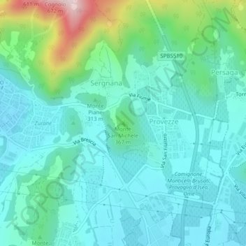 Mapa topográfico Monte San Michele, altitud, relieve