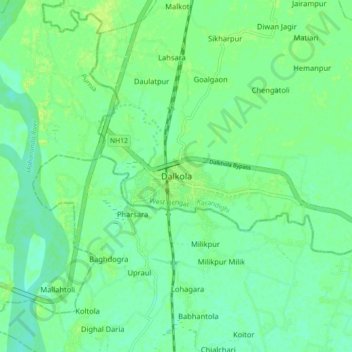 Mapa topográfico Dalkola, altitud, relieve
