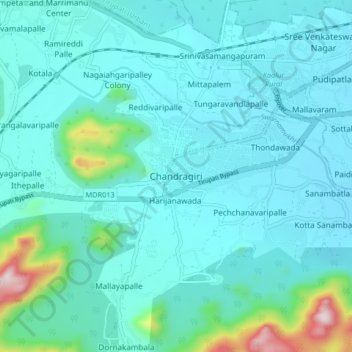 Mapa topográfico Chandragiri, altitud, relieve