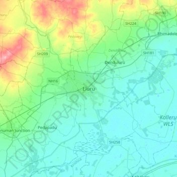 Mapa topográfico Eluru, altitud, relieve