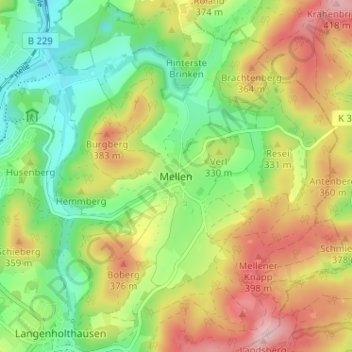 Mapa topográfico Mellen, altitud, relieve