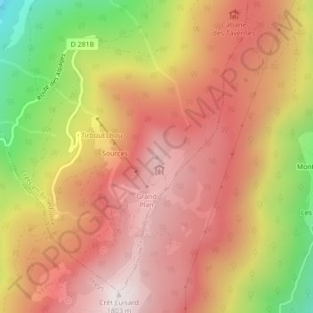 Mapa topográfico Crêt du Poulet, altitud, relieve