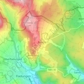 Mapa topográfico Brüchs, altitud, relieve