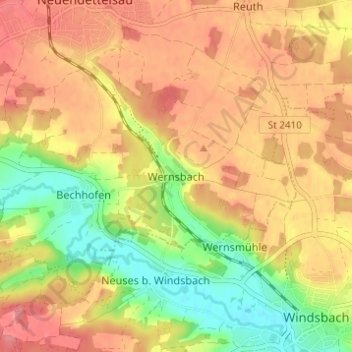 Mapa topográfico Wernsbach, altitud, relieve