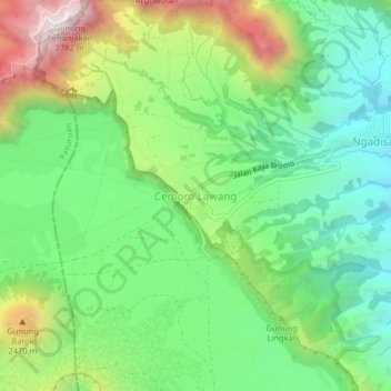 Mapa topográfico Cemoro Lawang, altitud, relieve