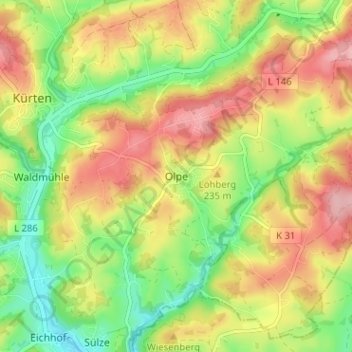Mapa topográfico Olpe, altitud, relieve