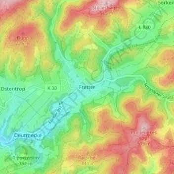 Mapa topográfico Fretter, altitud, relieve