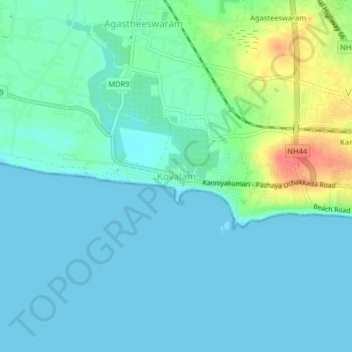 Mapa topográfico Kovalam, altitud, relieve