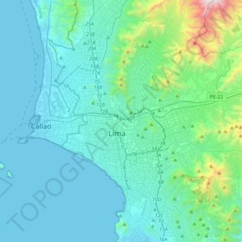 Mapa topográfico Lima, altitud, relieve