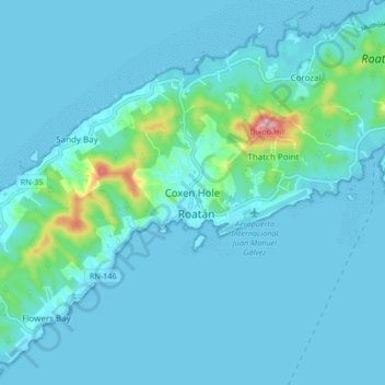 Mapa topográfico Coxen Hole, altitud, relieve