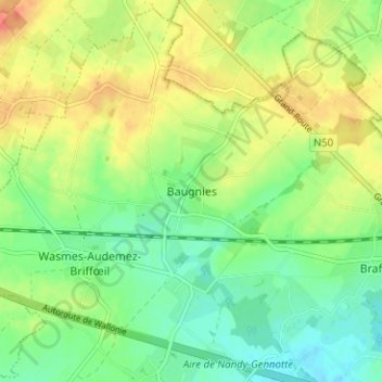 Mapa topográfico Baugnies, altitud, relieve