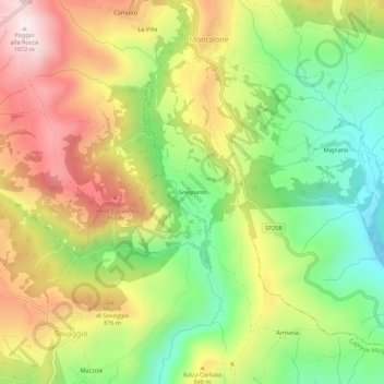 Mapa topográfico Gregnano, altitud, relieve