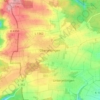 Mapa topográfico Oberjettingen, altitud, relieve
