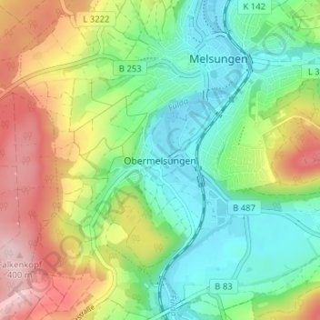 Mapa topográfico Obermelsungen, altitud, relieve
