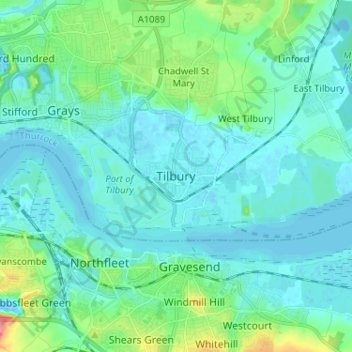 Mapa topográfico Tilbury, altitud, relieve
