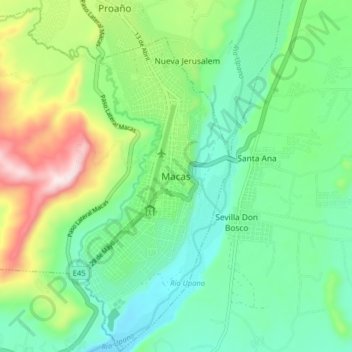 Mapa topográfico Macas, altitud, relieve