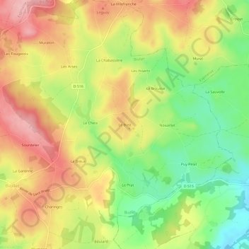 Mapa topográfico Le Bost, altitud, relieve