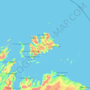 Mapa topográfico Fogo Island, altitud, relieve