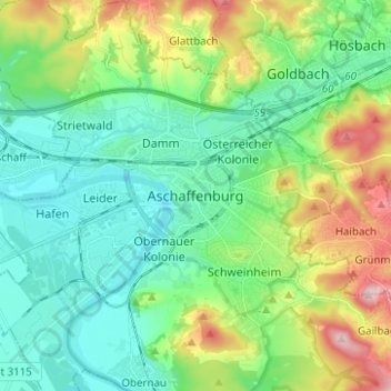 Mapa topográfico Aschaffenburg, altitud, relieve