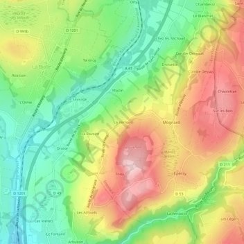 Mapa topográfico Le Vernay, altitud, relieve