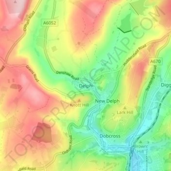 Mapa topográfico Delph, altitud, relieve