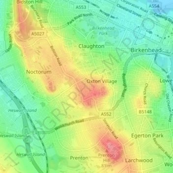 Mapa topográfico Oxton, altitud, relieve
