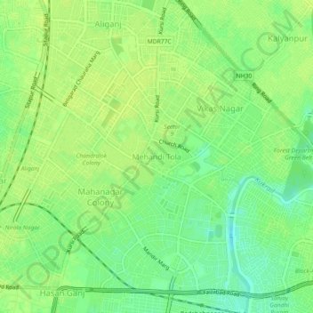 Mapa topográfico Mehandi Tola, altitud, relieve