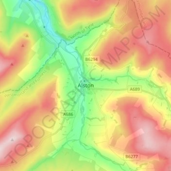 Mapa topográfico Alston, altitud, relieve