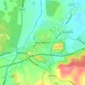 Mapa topográfico New Ollerton, altitud, relieve