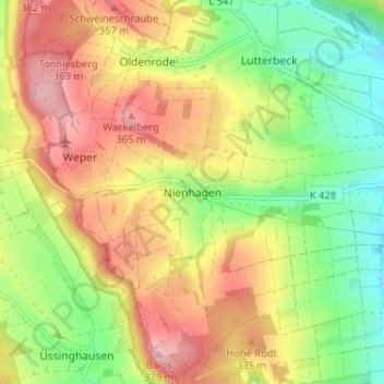 Mapa topográfico Nienhagen, altitud, relieve