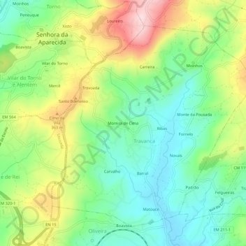 Mapa topográfico Moreira de Cima, altitud, relieve