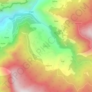 Mapa topográfico Makku, altitud, relieve