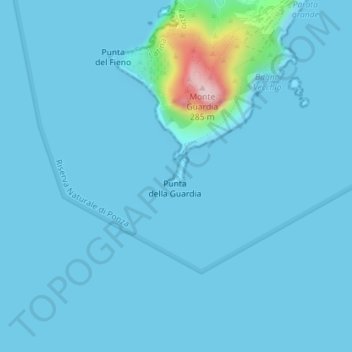 Mapa topográfico Faro della Guardia, altitud, relieve