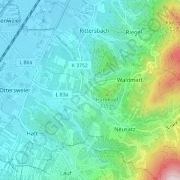 Mapa topográfico Hard, altitud, relieve