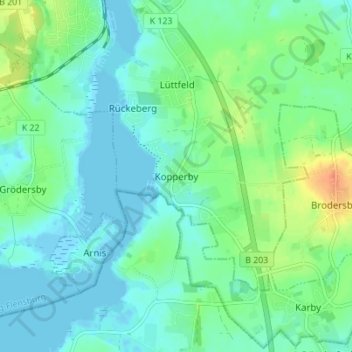 Mapa topográfico Kopperby, altitud, relieve