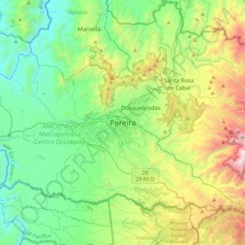 Mapa topográfico Pereira, altitud, relieve