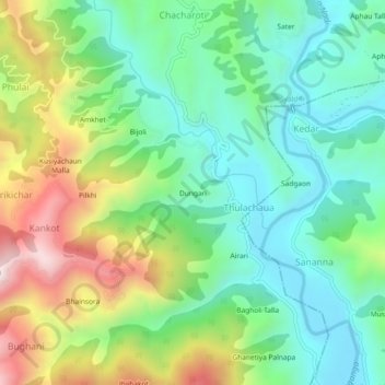 Mapa topográfico Dungari, altitud, relieve