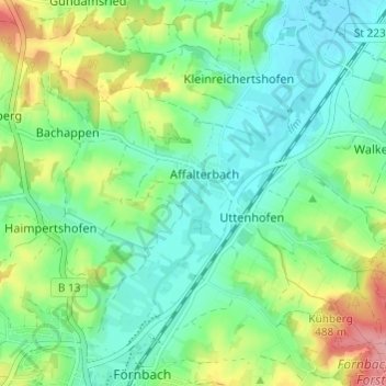 Mapa topográfico Siebeneichmühle, altitud, relieve
