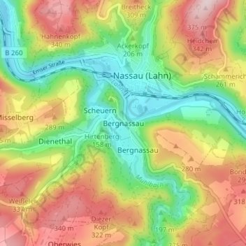 Mapa topográfico Bergnassau, altitud, relieve