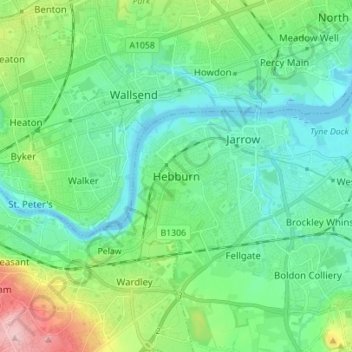 Mapa topográfico Hebburn, altitud, relieve